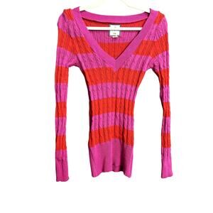 Poof Large Long Sleeve V Neck Pink Red Striped Lightweight Sweater Knit Lover